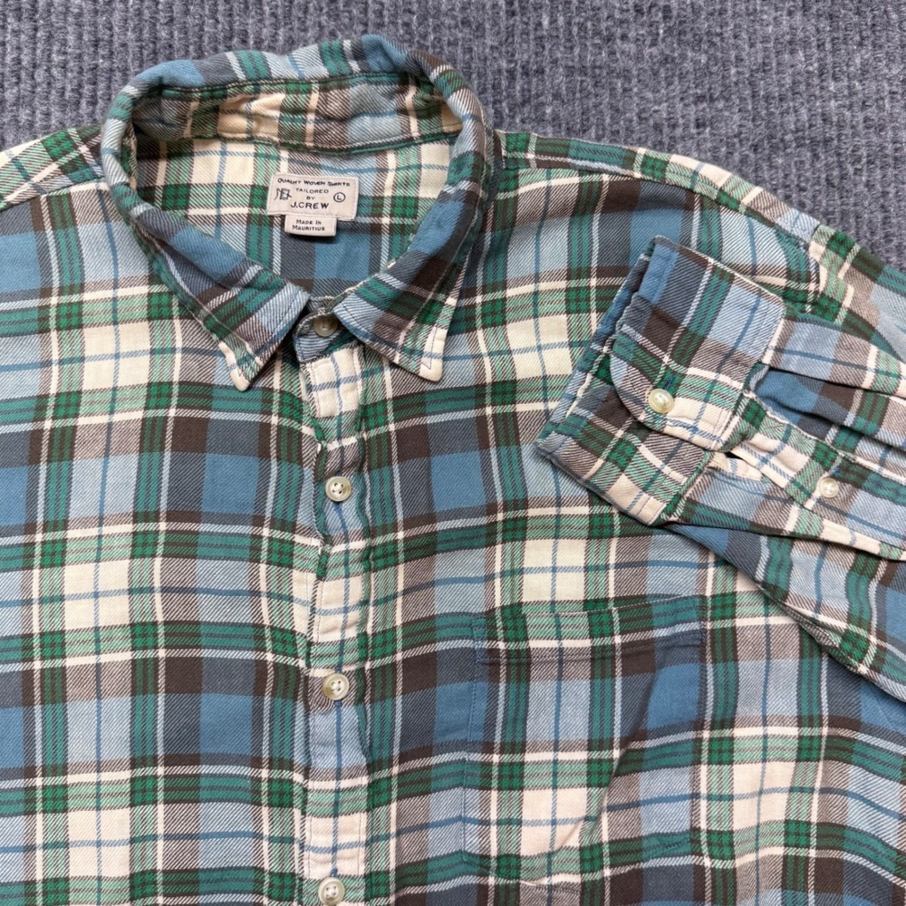 J.Crew Plaid Button Down Shirt Mens L Blue Green Cotton Linen Blend